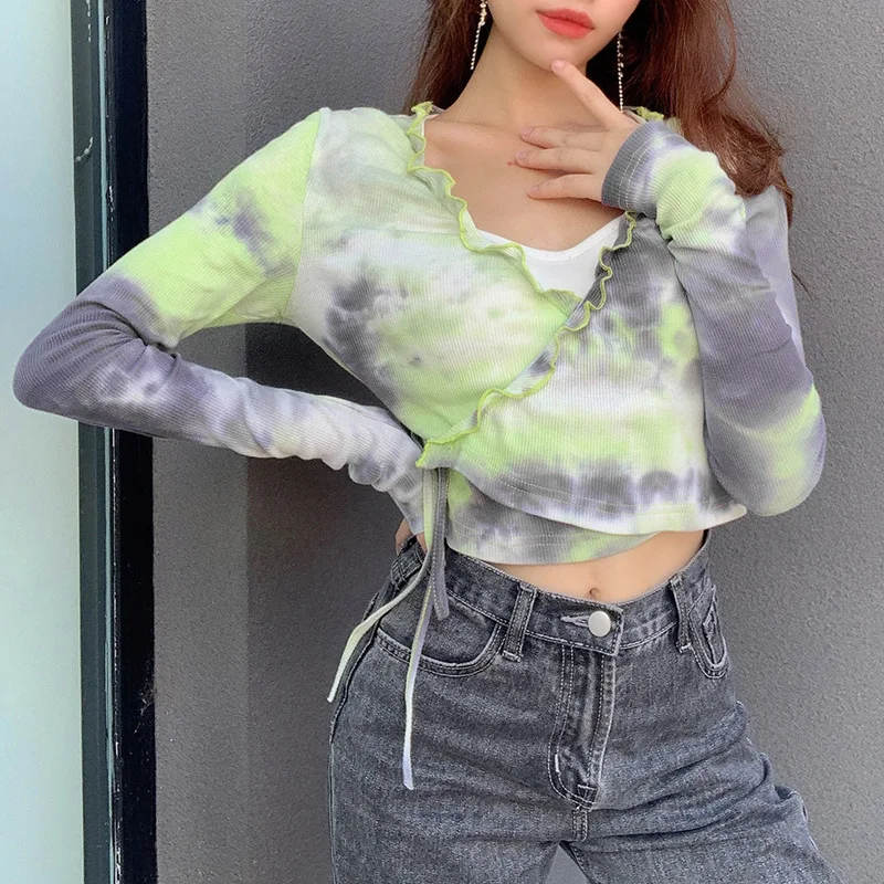 Tie-dye Cool Short-length Women T-shirt 2020 Autumn Lady Cross Deep V Neck Crop Lace-up Long-sleeve Street Tshirt Hipster Top