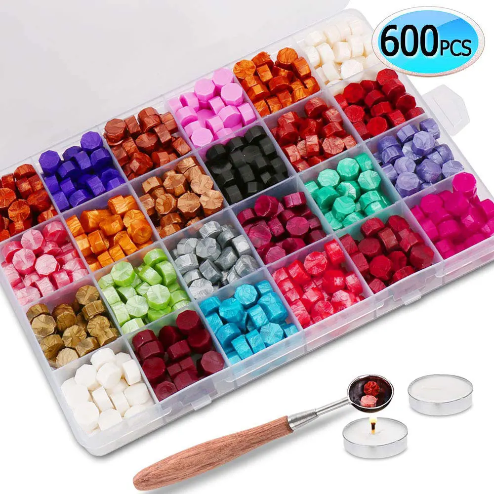 

600PCS 24 Colors Sealing Wax Beads With 3PCS White Candles And 1 PC Wax Melting Spoon For Wax Sealing Stamp (24 Colors*25pcs)
