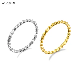 ANDYWEN 925 Sterling Silver Gold Twist Slim Rings Women Small Round Circle Ring Jewelry Luxury Rock Punk Jewelry For Women