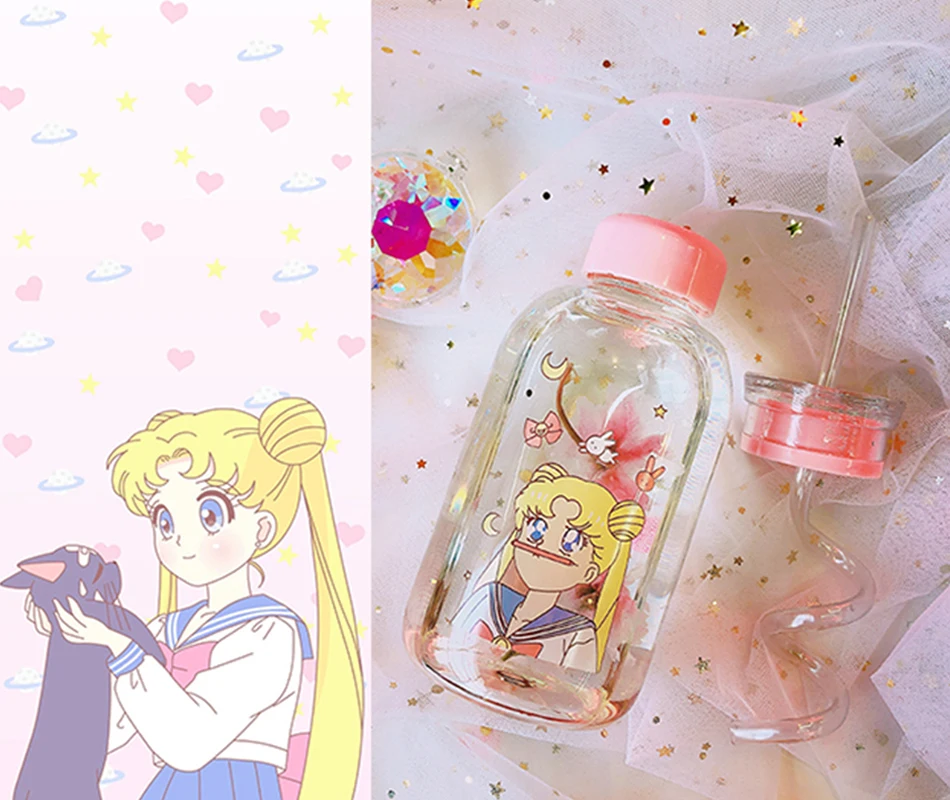 Креативная каваи Sailormoon бутылка для воды с соломинкой мультяшная Модная Портативная герметичная стеклянная чашка крышка для девушки бутылки для питья