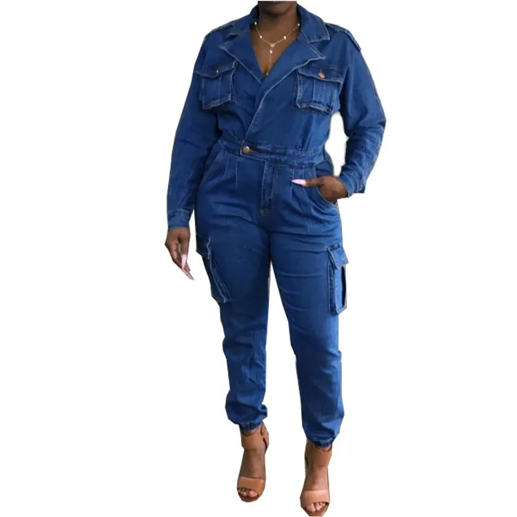 

Plus Size Denim Sexy Jumpsuit Women Turn-down Collar Long Sleeve Solid Romper Clubwear Party One Piece Jumpsuit Women Outfits