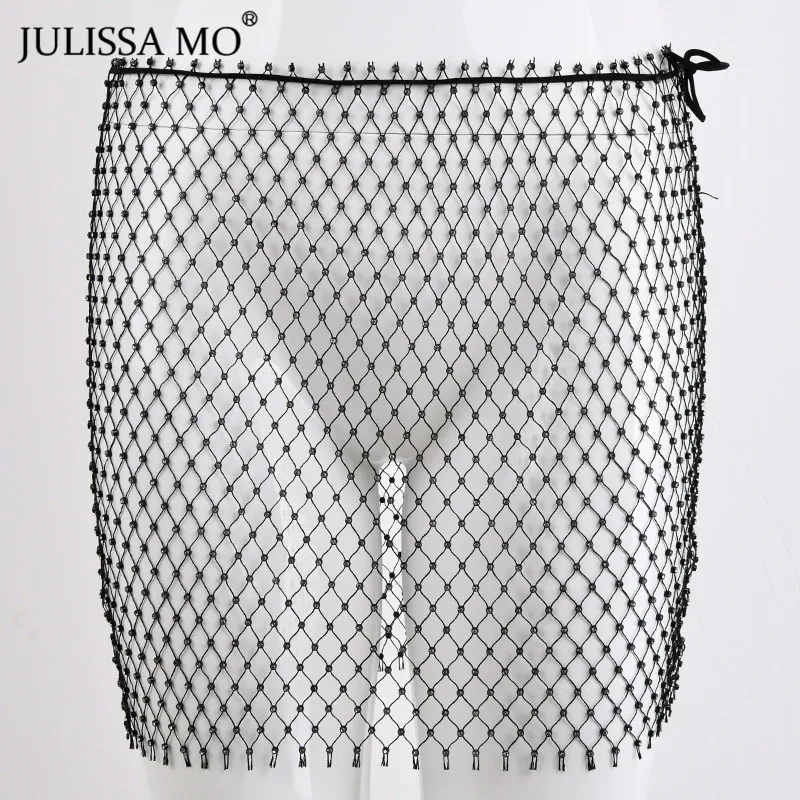 Julissa mo, ажурные Стразы, длинные юбки для женщин, алмазная прозрачная сетчатая юбка, модные, эластичные, пляжные, вечерние, юбка-карандаш