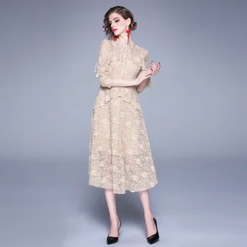 

New Spring Women dress Lace Slim High-end Flocking Elegance Dresses Apricot 6269
