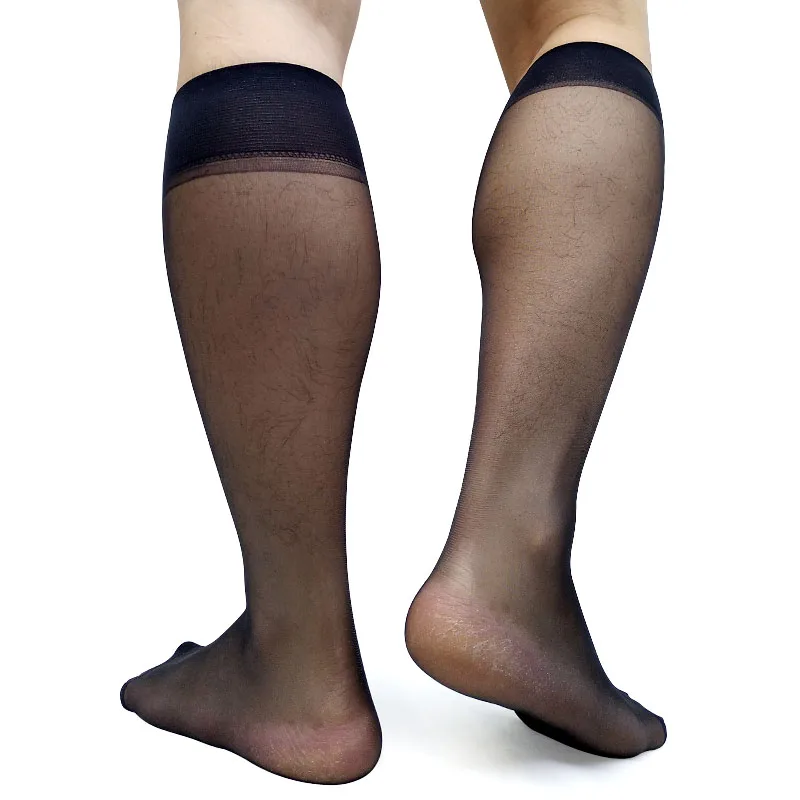 Черные прозрачные тонкие мужские официальные носки, высококачественные нейлоновые шелковые прозрачные длинные носки без пятки, мужские носки до колена