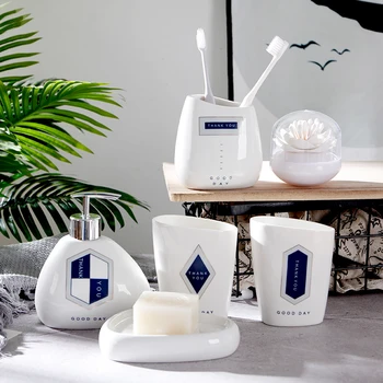 

American Ceramic Bathroom Seven-piece Kit Toiletry Set Hotel Mouth Cup Bathroom Melamine Tray Geometric Pattern Bathroom Set