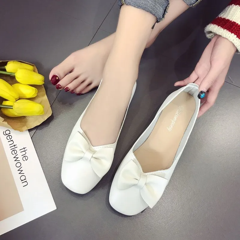 

Leather Bow Flat Single footwear for Women Spring summer Square Head Elegant Peas Shoes Casual dress flats female J14-62