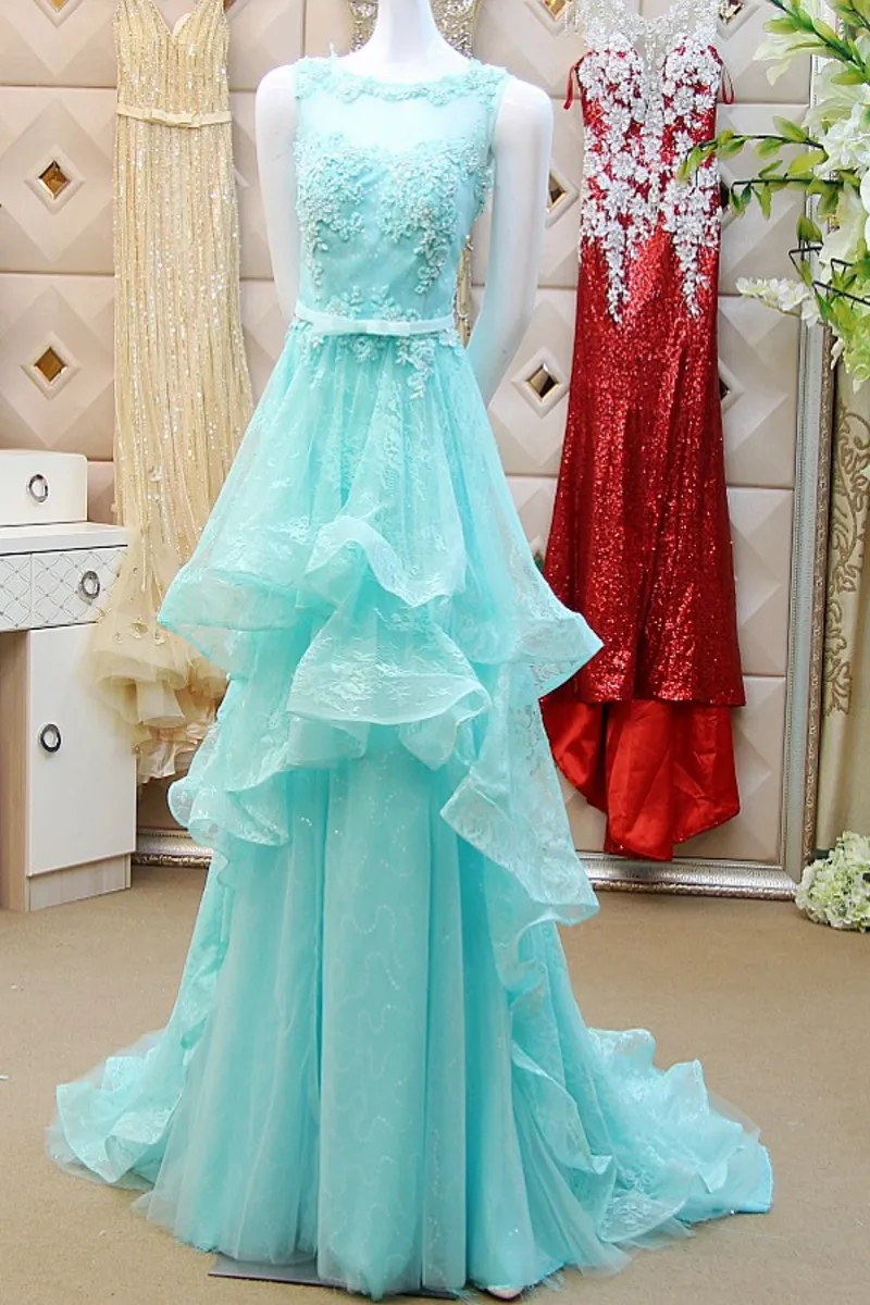 Vestido de festa Расшитое бисером небесно-голубое кружевное длинное сексуальное просвечивающее сзади вечернее платье с аппликацией и бантом платья для матери невесты