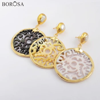 

BOROSA 5Pairs Carved Round Natural Shell Pearl Drop Earrings Hollow Rainbow Shell Jewelry for Wholesale Factory Outlet G1907-E