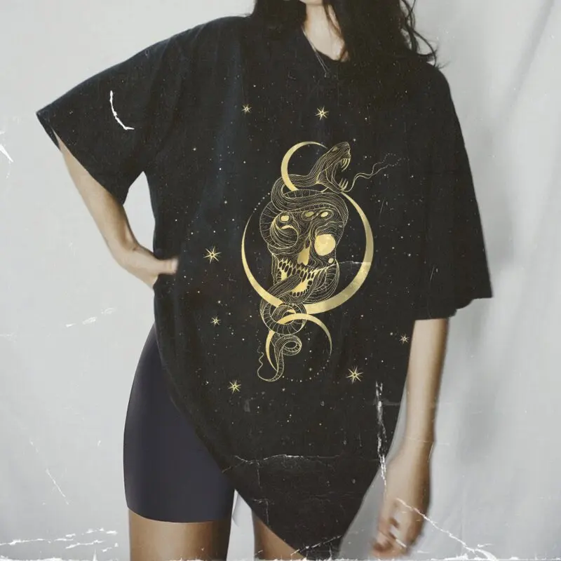 Capricorn Star Sky Print T-shirts Woman Summer Casual Loose Graphic Gothic Letter Short Sleeve O Neck Y2k Harajuku Shirt Tee Top t shirt oversize