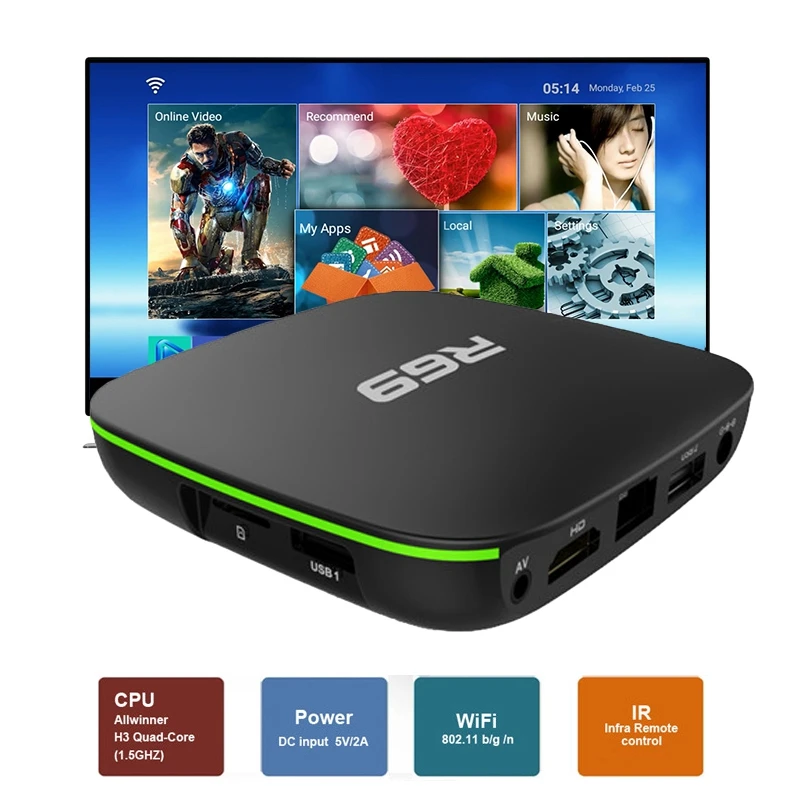 R69 Smart Android 7,1 ТВ приставка 2,4G Wifi H3 четырехъядерный телеприставка 1080P Hd 3D фильм медиаплеер Us Plug