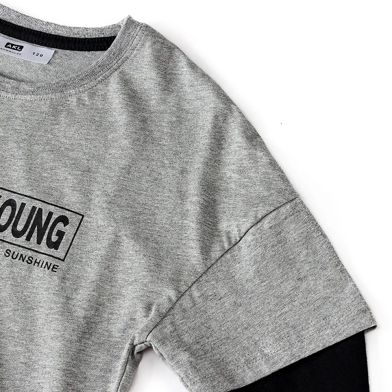 

2019 Spring And Autumn Korean-style BOY'S Base Shirt Big Virgin Pure Cotton Lettered Knitted Long Sleeve Mock Two-Piece round Ne