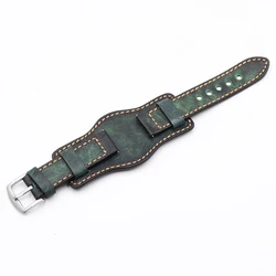 Vintage Handmade Genuine Leather Watch Strap Cuff with Matte Cowhide Band - 22mm (Green)