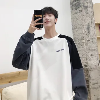 

2019 Autumn And Winter New Round Neck Stitching Fashion Casual Sweatshirt Color Matching Loose Pullover Black / White M-2XL