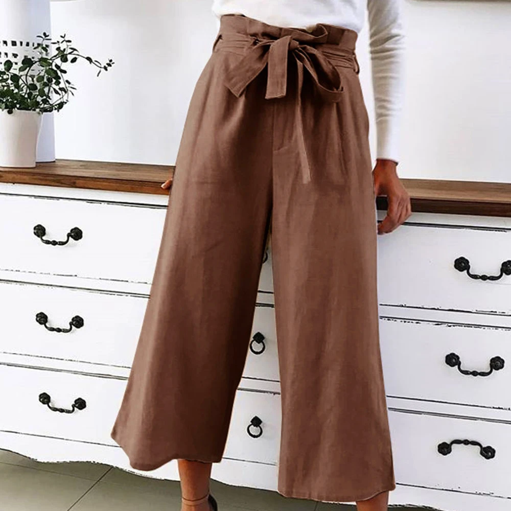 WENYUJH, свободные женские штаны с бантом и оборками, повседневные, одноцветные, с высокой талией, с карманами, осенние женские брюки, женские штаны с поясом - Цвет: Style 2 Khaki