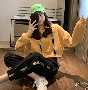 

Short Hooded Sweater Set Women 2020 Spring And Autumn New Harem Pants Casual Two-piece Temperament Women's Clothing