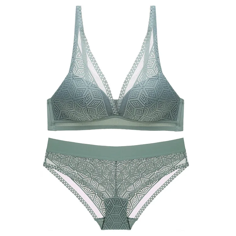Gray green Винтажный кружевной бюстгальтер с глубоким v-образным вырезом и тонкой чашкой, без камней, с алмазным узором, французский беспроводной бесшовный комплект нижнего белья, женское белье - Цвет: Gray green
