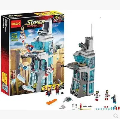Ceny 7114 511 sztuk Avenger Marvel superbohaterowie IronMan atak na Avenger wieża cegła Model klocki do budowy copatible Legoing City 76038