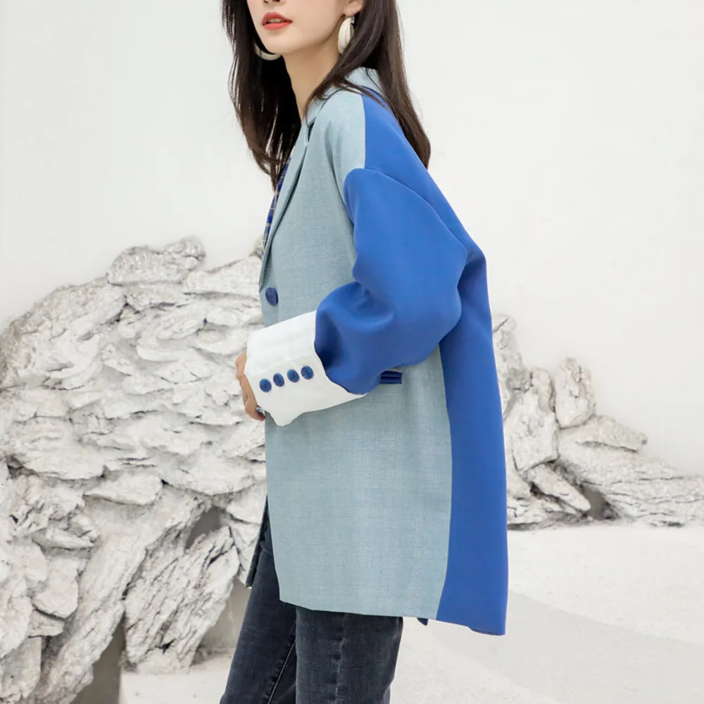 SexeMara, осень, новинка, зубчатый воротник, длинный рукав, в клетку, нестандартный, из кусков, блейзер для девушек, модное Свободное пальто CCO099