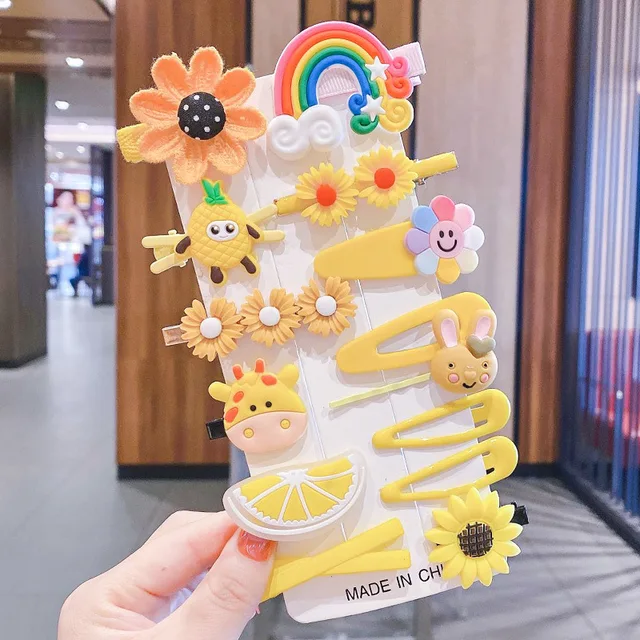 1 Set Of New Girl Cute Cartoon Fruit Animal ColorfulHairpin Iittle Girl Side Clip BB Hairpin Baby Fashion Hair Accessories 14PCS