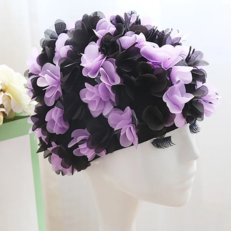 Women Long Hair Nylon Headband Color Flower Swim Cap Petals Elastic Plus Lining Comfortable Breathable | Спорт и развлечения