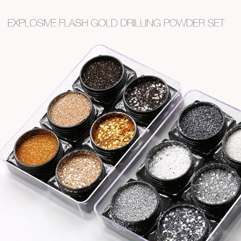 6 Pcs/set Shiny Silver Glitter Sequin Black Glitter Powder Nail Art DIY Powder Dust Fairy Dust Makeup Manicure Nail Decoration