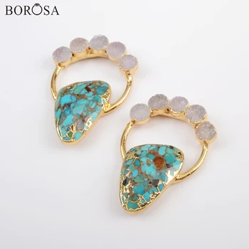 

BOROSA Boho Druzy Pendant Gold Color Five Round Natural Agates Drusy & Copper Turquoises Charm Pendants for Women Girls Necklace