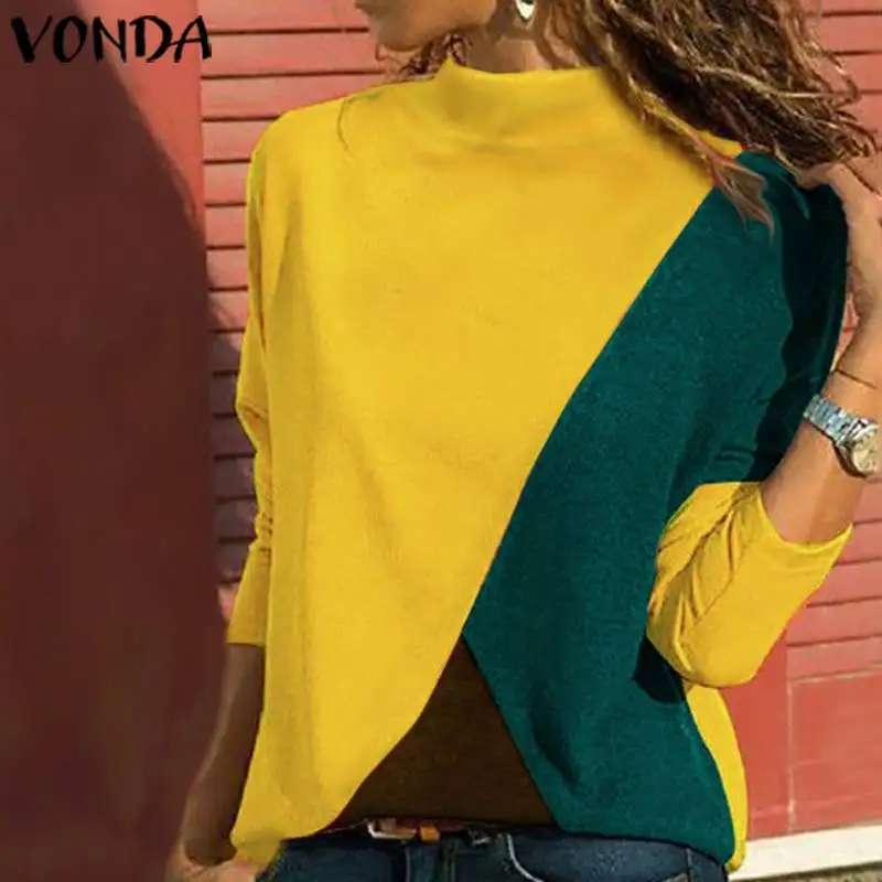 

VONDA 2019 Women Blouses Autumn Long Sleeve Patchwork Blusas Female Casual Loose Beach Party Shirts Plus Size Tunic And Tops