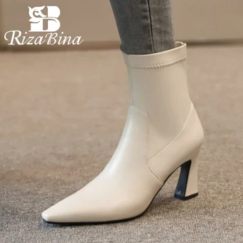 

RIZABINA Women Ankle Boots Zipper Fashion High Heel Winter Shoes Woman Warm Short Boot Office Lady Sexy Footwear Size 32-43