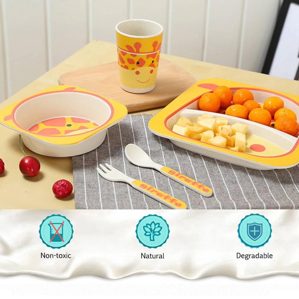 5pcs sets Dish Tableware Set Natural Bamboo Fiber Bowl With Cup Spoon Plate Fork Feeding Dishes for Kids Utensils wheat straw dish
