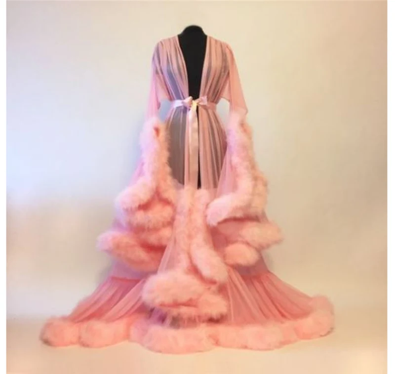 Loose Satin Silk Long Robe Women Solid Lace Up Kimono Maxi Dress Nightgown Sleepwear Full Sleeve - Цвет: Розовый