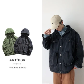 

Autumn 2020 New Korean Version Of Harajuku Loose Hooded Solid Color Tooling Washed Casual Jacket streetwear hip hop