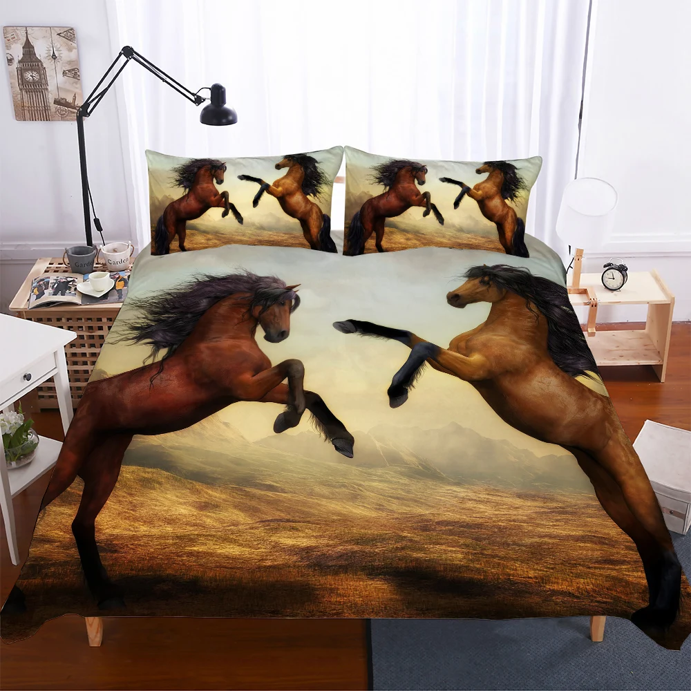

BEST.WENSD king beds Horse duvet cover set+pillow cover Brown grey bed set king size Animal bedding sets 5d jogo de cama queen
