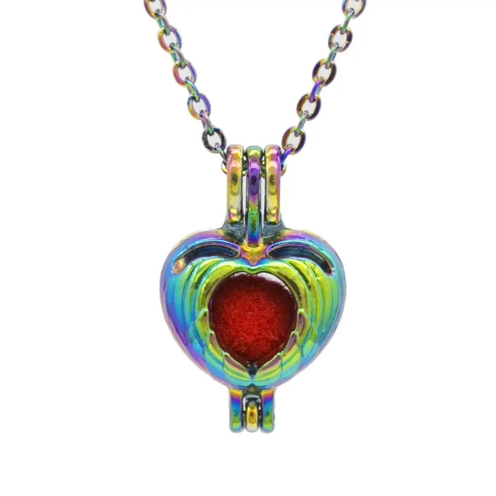 

REYOW 1pcs Rainbow Heart Wings Pearl Cages Pendant Essential Oil Diffuser Jewelry Locket Necklace Charms DIY
