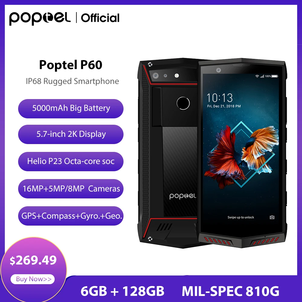 2020 новая версия Poptel P60 прочный смартфон PTT 6 + 128 ГБ ОЗУ Беспроводная зарядка
