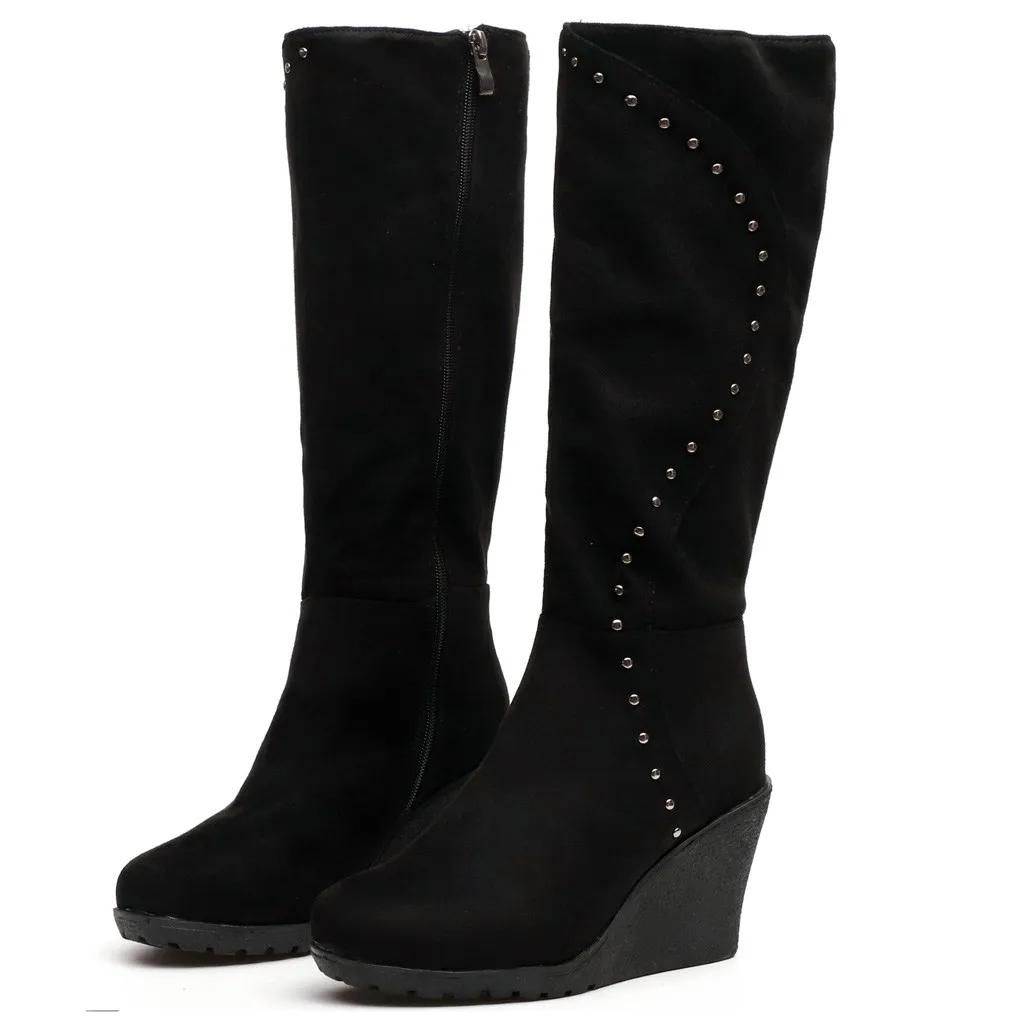 Зимняя обувь женские ботинки для отдыха в римском стиле больших размеров однотонные черные сапоги до колена на танкетке, без шнуровки, со стразами замшевая обувь botas feminina