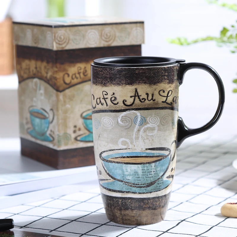 gift set 500 мл керамические кофейные кружки, стаканчики для воды с крышками, для дома, офиса, креативные персональные фарфоровые стаканы, чашка с узором, подарочная коробка - Цвет: gift set