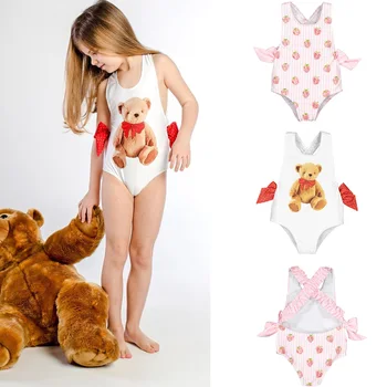 

Kids summer Swimwear 2020 New SAL Brand Girls Bow Strawberry Beach One Piece Swimsuits + Cap 2pcs Baby Child Splice Clothing