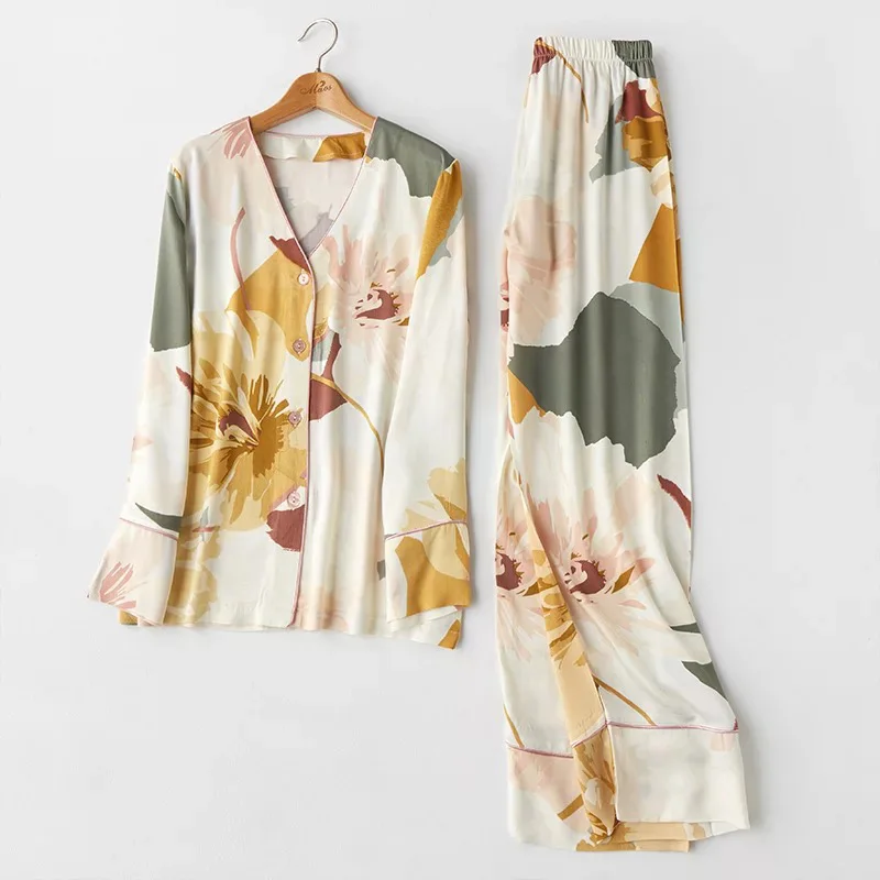 

Elegant High-end Satin Ink Printing Pajamas Long Sleeve V-Neck Loungewear Women Sleepwear Spring Trousers Two Piece Home Clothes