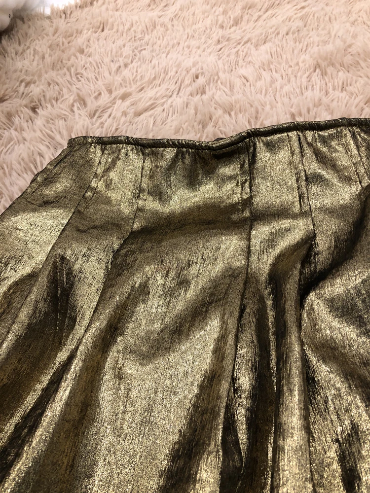 Fashion Tide Spring New Golden Drape Texture Heavy Work Side Zipper Temperament High Waist Pleated Skirt Female PB991