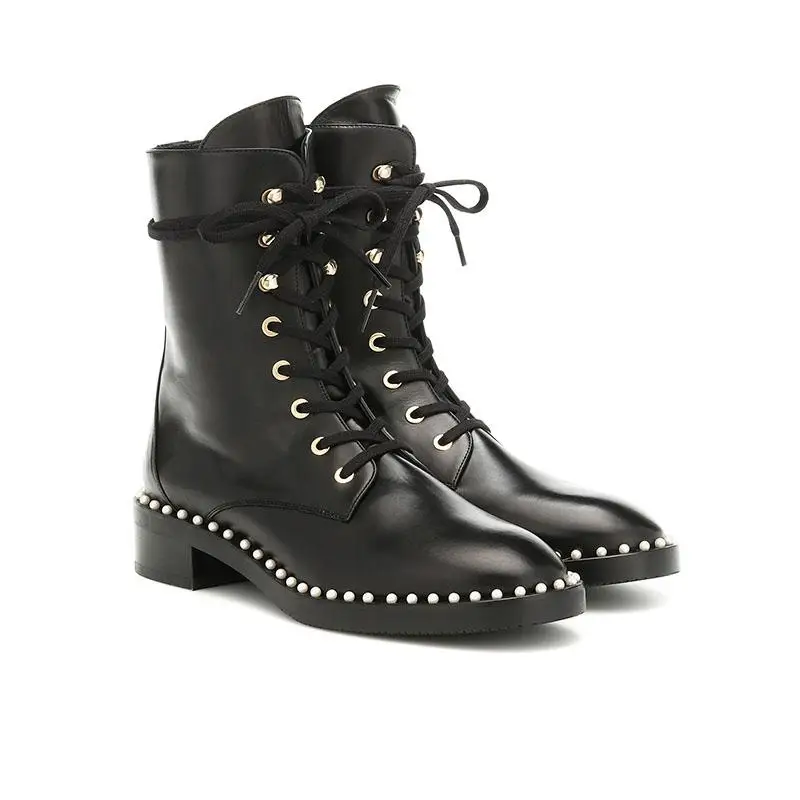 Лидер продаж; ботинки Martens Femme с круглым носком на не сужающемся книзу массивном каблуке; ботильоны для женщин на шнуровке; черные женские ботинки без застежки; ботильоны - Цвет: Black leather
