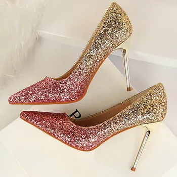 

2020 Women Fetish 9cm High Heels Sexy Glitter Bling Scarpins Classic Pumps Stiletto Wedding Bridal Gold Silver Valentine Shoes