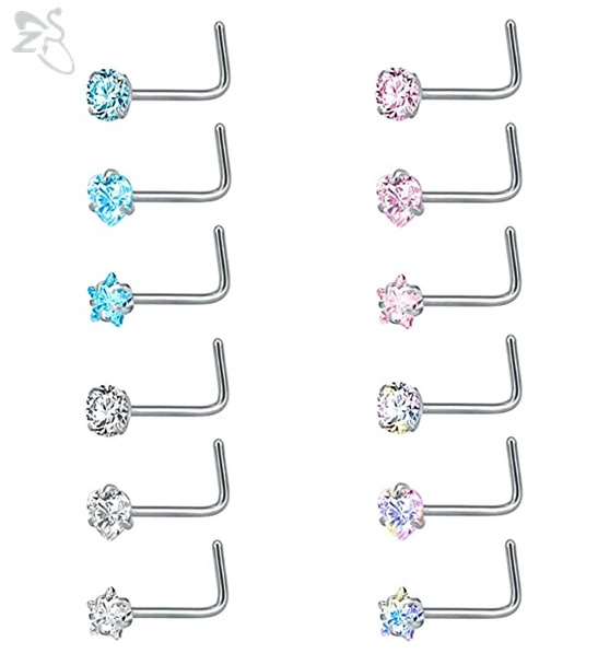ZS 9-12PCS 316L Stainless Steel Nose Stud Sets Colorful 3mm CZ Crystal Nose Piercing 20g Bone/L Shaped/Nose Screws Nose Ring Set 6