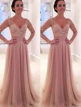 

Evening Dress A-Line Deep V-Neck Sweep Train Long Sleeves Blush Tulle with Appliques Formal Prom Dress Party Gown