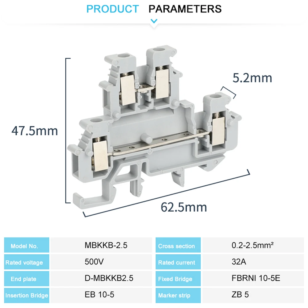 Double Layer Screw Clamp MBKKB2.5 MBKKB-2.5 DIN Rail Terminal Blocks Kit Set 500V 24A din rail terminal block