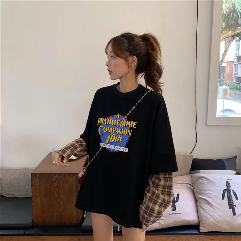 Корейский ins Harajuku винтажный BF письмо поддельные два с длинными рукавами толстовки женский Принт СВОБОДНЫЙ Модный пуловер женский свитер