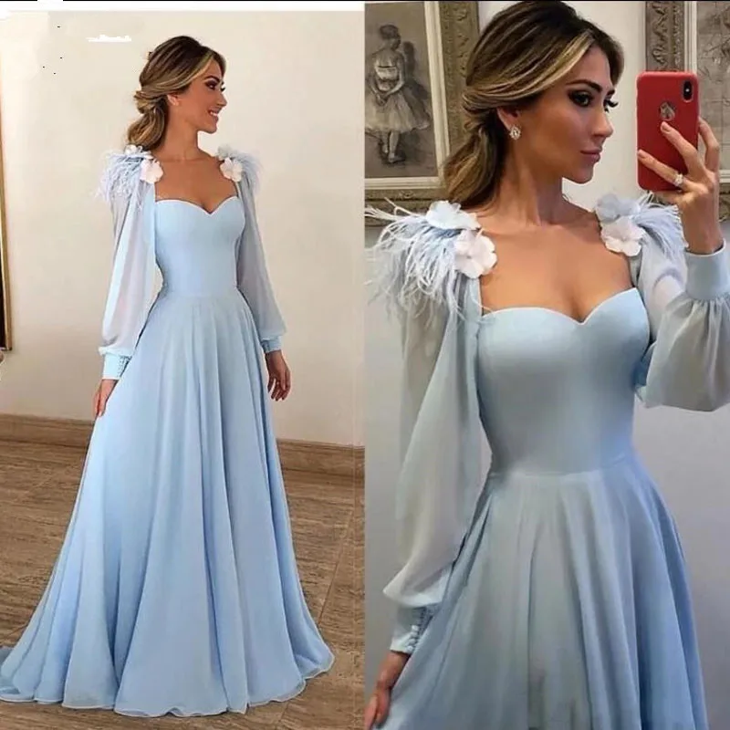 

Light Blue Chiffon Prom Dresses Long Sleeves Feather Appliques Sweetheart Formal Dress Elegant Evening Party Gowns Zipper Up