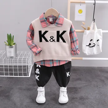 

3PCS Set Baby Boys Clothes Toddler Kids Hooded Wool shirt Vest Tops + Long Sleved Striped T-shirt Pants Children Clothing Set