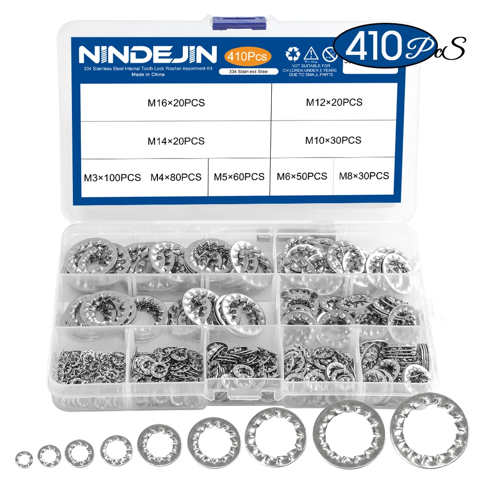 

NINDEJIN 410pcs/set internal tooth lock washer assortment kit 304 stainless steel m3 m4 m5 m6 m8 m10 star lock washer DIN6797J