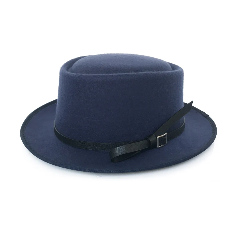 YY Black Bownet пояс Fedora шляпа для мужчин зимняя теплая шляпа новая свиная пирог плоские шляпы Трилби Женская Классическая верхняя шляпка для церкви FD19038 - Цвет: Navy Flat Top Hat