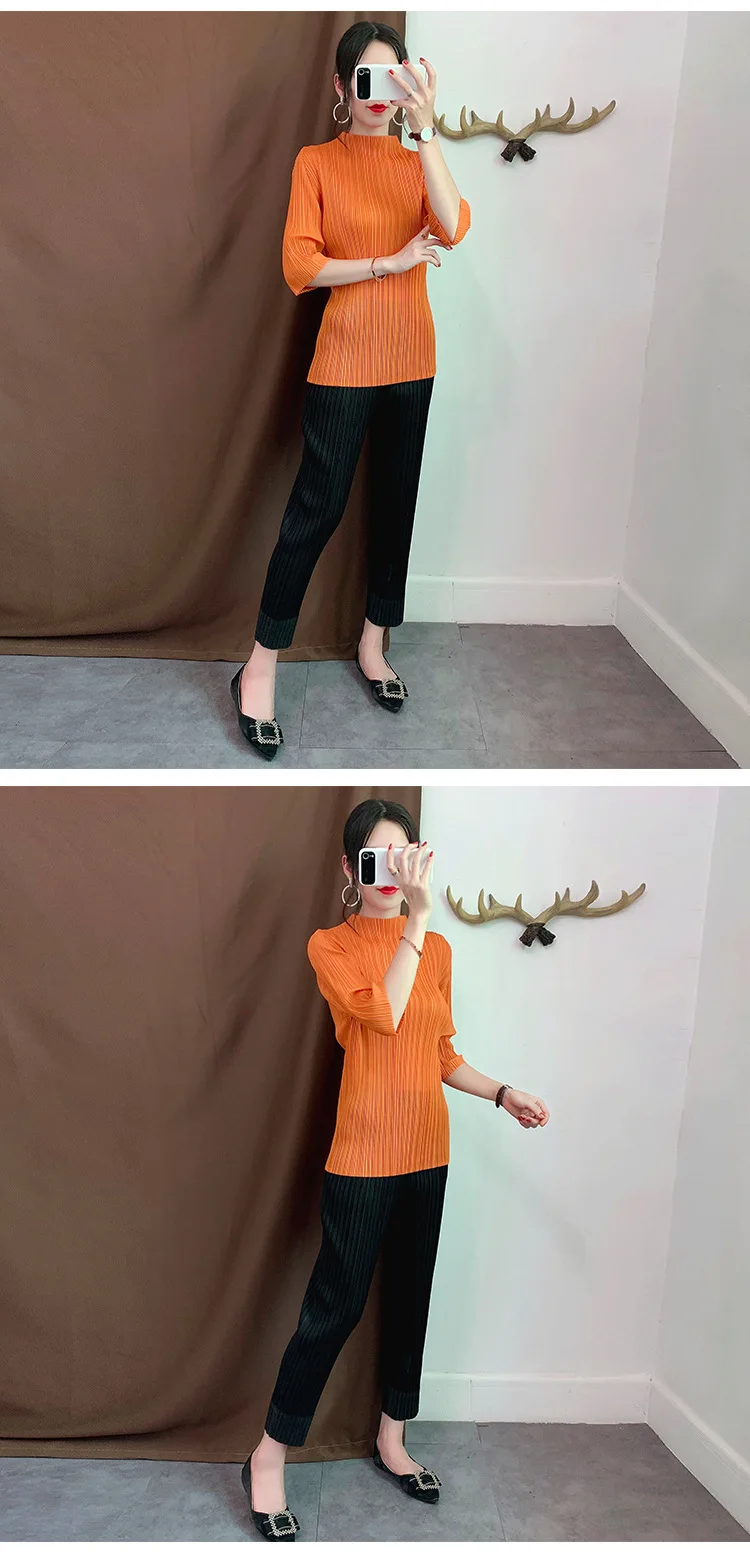 Плюс размер женские топы однотонный, стрейч Miyake плиссированные стоячий воротник три четверти рукава свободные футболки женские